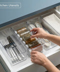 8 Pack Deep Drawer Organizers For Kitchens Closets And Bathrooms Super Solid Storage Bins Set Of Large Small Inserts in kitchen drawer with utensils and spices.