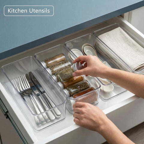 8 Pack Deep Drawer Organizers For Kitchens Closets And Bathrooms Super Solid Storage Bins Set Of Large Small Inserts in kitchen drawer with utensils and spices.