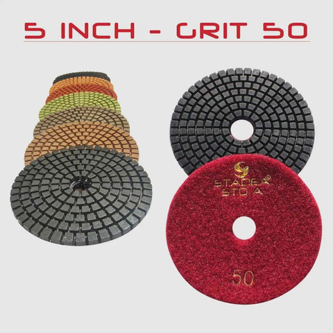 Pro Grade 5 Inch Wet Diamond Polishing Pads Set For Concrete And Stone Grits 50 100 200 400 Standard A Resin Bonded Wet Polishing Pads