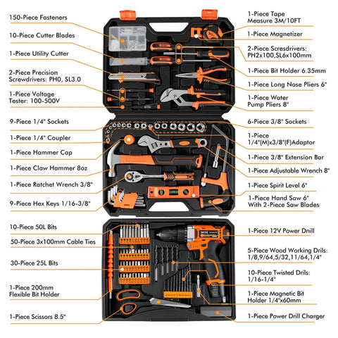 Knockout 313 Piece Ultimate Home Tool Kit With Heavy Duty 12V Cordless Drill And Deep Latch Storage Box Awesome For Quick Fixes Furniture Build Out And Shed Work