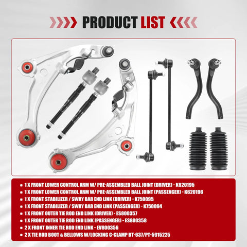 Nissan Altima Front Suspension Kit 2007 2013 10 Pcs With 2 Lower Control Arms And Ball Joints 2 Sway Bar Links Tie Rod Boots