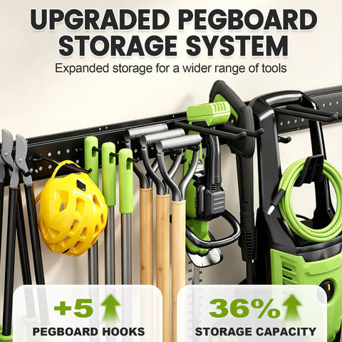 Heavy Duty Garage Wall Organizer Rack With Forty Nine Point Five Inch Wide Adjustable Hooks For Shovels Rakes Garden Tools Space Saving Storage Solution That Holds Four Hundred Pounds Kicks Clutter To The Curb And Level Up Your Workspace