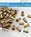 Heavy Duty One Hundred Piece 10 32 Thread Rivet Nuts And Nutserts Built Tough From Rust Resistant Carbon Steel With Durable Zinc Plating For Sheet Metal Jobs And Zero Hassle Assembly, yellow rivet nuts in plastic container.
