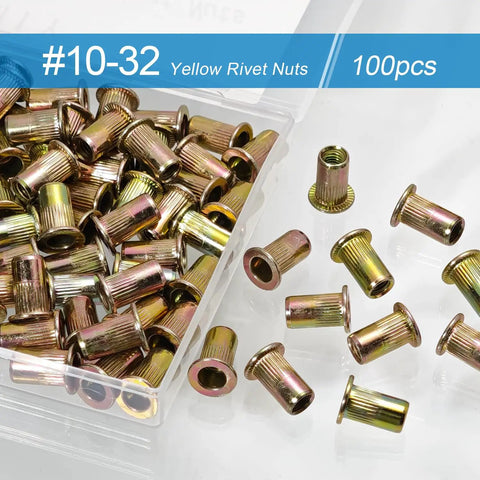 Heavy Duty One Hundred Piece 10 32 Thread Rivet Nuts And Nutserts Built Tough From Rust Resistant Carbon Steel With Durable Zinc Plating For Sheet Metal Jobs And Zero Hassle Assembly, yellow rivet nuts in plastic container.