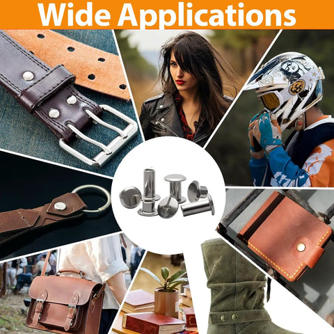 Wide applications of Sweet Silver Chicago Screws Kit Badass 120 Piece Rivet Bolt Set for leather crafts and repairs.