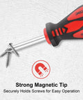 Close-up of 18 Piece Magnetic Screwdriver Set With Case 7 Phillips And 9 Slotted Tips Cushioned Grip showing magnetic tip holding screws.