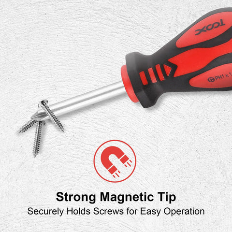 Close-up of 18 Piece Magnetic Screwdriver Set With Case 7 Phillips And 9 Slotted Tips Cushioned Grip showing magnetic tip holding screws.