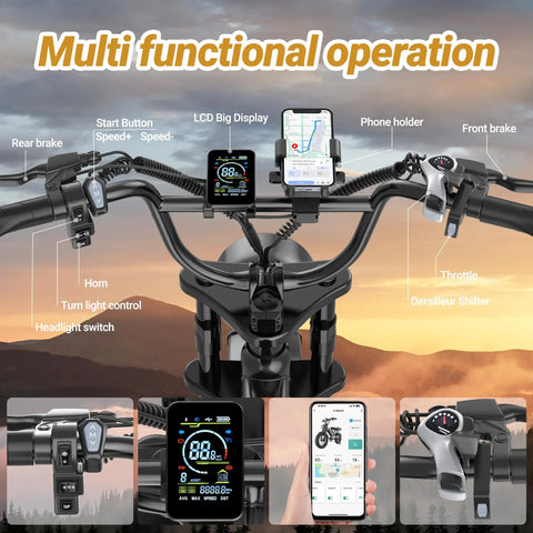 Handlebars of Beast Mode Electric Fat Tire Mountain Bike With Full Suspension, 1500W Peak Motor, features and controls