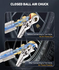 Diagram of 2 Pack Closed Ball Tire Chuck with Clip Hands Free Locking Valve Nozzle in use, before and after tire valve connection.