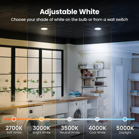 5/6 In Led Recessed Downlight Retrofit Kit Adjustable Color Temp From 2700K To 5000K Five Switch Settings showing color temperature options in a modern kitchen.