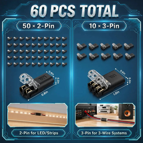 60 Pcs Quick Disconnect Wire Connectors Kit With 50 Two Pin And 10 Three Pin Plug In Connectors And Locking Buckle For LED Strip Lights Auto And Marine Projects Includes Transparent Storage Box, 2-pin and 3-pin connectors