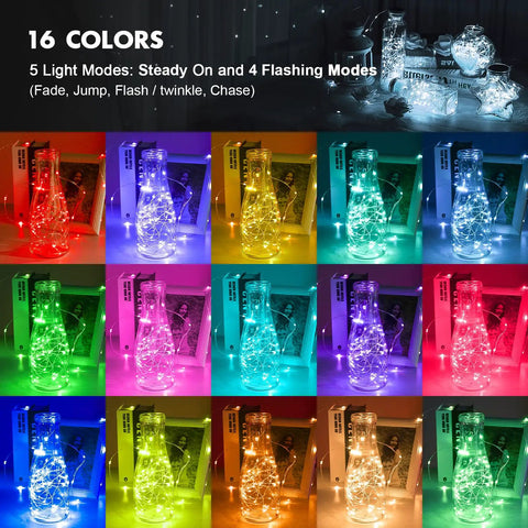 16 color display of Big 39 Feet 120 LED Battery Powered Fairy Lights With Remote And Timer, RGB Color Changing String Lights.
