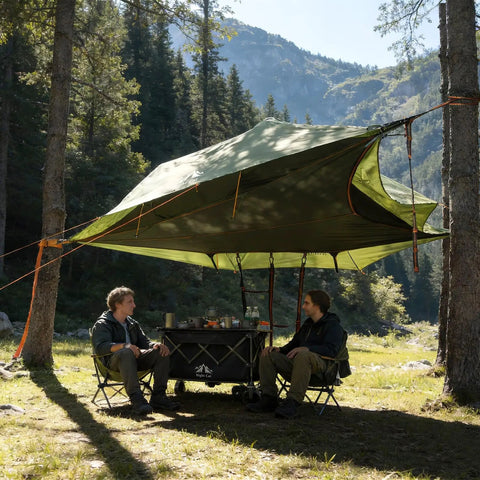 Two Person Triangle Hammock Tent For Easy Lay Flat Comfort With Three Point Setup Including Bug Net And Rainfly in forest setting