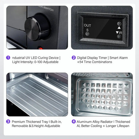 High Output Uv Curing Oven With Eighty Led Beads features adjustable timer, thickened tray, and aluminum radiator for efficient UV resin curing.