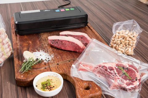Vacuum Sealer Machine CPVS 290R Heavy Duty for sealing liquid bags with meat and nuts on a wooden countertop