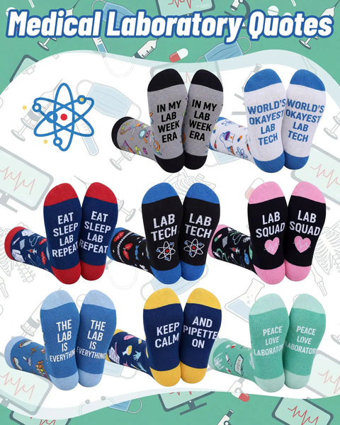 8 Pairs Medical Laboratory Socks For Women And Men, Funny Lab Tech Novelty Crew Dress Socks with Nerdy Scientist Quotes