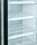 Interior view of Top Shelf Commercial Glass Two Door Display Refrigerator And Upright Beverage Cooler With Bright LED Lighting For Drinks Prepared Foods And Groceries Straight Up 45 Cubic Foot Capacity In Sleek Black Finish, showcasing shelves.