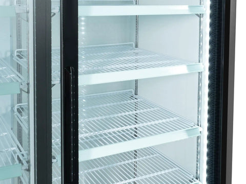Interior view of Top Shelf Commercial Glass Two Door Display Refrigerator And Upright Beverage Cooler With Bright LED Lighting For Drinks Prepared Foods And Groceries Straight Up 45 Cubic Foot Capacity In Sleek Black Finish, showcasing shelves.