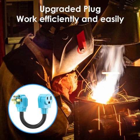 Heavy Duty 50 Amp Welder Adapter Cord 14-50P Male To 6-50R Female used in welding operation with right angle plug detail