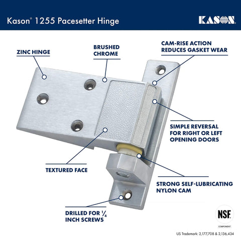 Pacesetter 1255 Hinge With Textured Panel And Built In Dwell, Self Lubricating Nylon Cam For Ultra Smooth Door Operation, Cam Rise Action