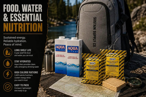 Two Person Premium 72 Hour Grab-and-Go Emergency Survival Kit with backpack, food bars, water cartons, and map for disasters.