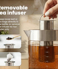 Electric Tea Kettle With Infuser For Loose Leaf Tea No Plastic Touching Water Temperature Control Automatic Shut Off 1.5L Borosilicate Glass Hot Tea Maker with infuser being removed