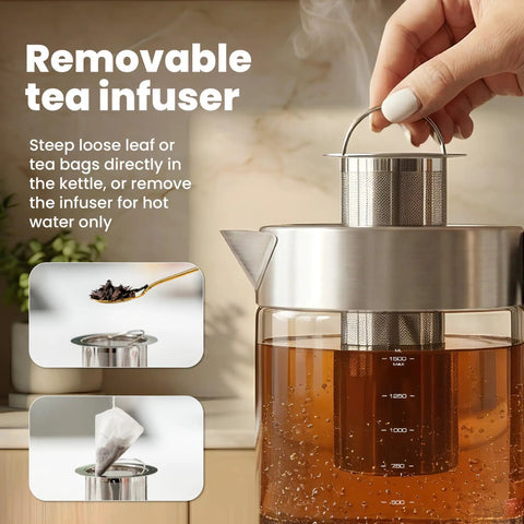 Electric Tea Kettle With Infuser For Loose Leaf Tea No Plastic Touching Water Temperature Control Automatic Shut Off 1.5L Borosilicate Glass Hot Tea Maker with infuser being removed