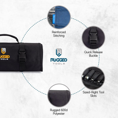 32 Pocket Tool Roll Organizer With 22 Pockets And 10 Socket Holders Roll Up Tool Bag showing rugged 600d polyester