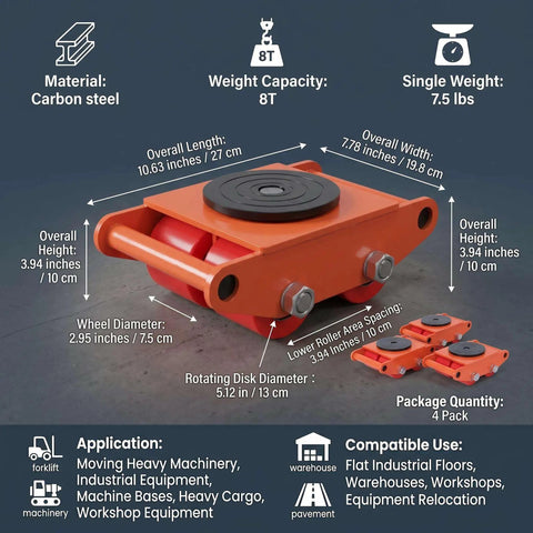 Heavy Duty Industrial Skate Dolly Set For Big Machines Four Carbon Steel Wheels With 360 Degree Rotation And Non Slip Caps Machining CNC And Warehouse Factory Moving Equipment For Heavy Machinery, 8T