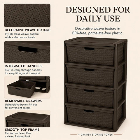 Wide 4 Drawer Plastic Storage Tower With Smooth Glide Removable Bins, Brown Cross Weave Decorative Organizer A Total Game Changer For Bedroom Closet Decluttering And Home Tidy Up