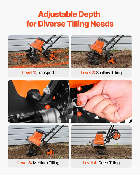 Adjustable depth settings for Corded Electric Tiller With 18 Inch Tilling Width, 13.5 Amp Heavy Duty Rototiller