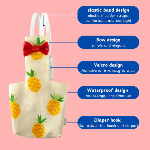 Bird Diaper Harness And Leash Set For Small To Medium Birds with pineapple print, bow, Velcro, and elastic straps