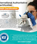 Scientist examining water filter under microscope with NSF certification seals in focus