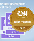 CNN Best Tested award 2026 badge, with Best Recommend for 3 years text, transparent background.