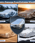 All Weather Waterproof Car Cover With Six Layer Protection on car in rain, sun, dust, and snow, highlighting universal fit.