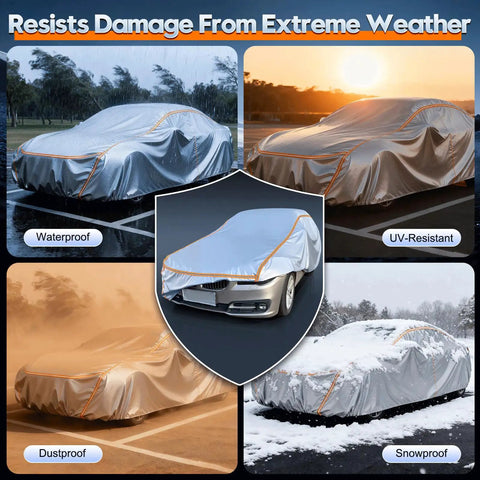 All Weather Waterproof Car Cover With Six Layer Protection on car in rain, sun, dust, and snow, highlighting universal fit.