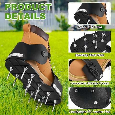 Lawn Aerator Shoes With 26 Nails, Adjustable Loop Straps And Buckle, featuring 5cm spikes for lawn garden and patio use.