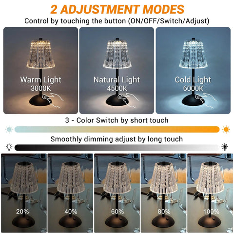 Cordless LED Table Lamp With 4000mAh Rechargeable Battery, 3 color modes display: warm, natural, cold; stepless dimming feature showcased.