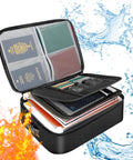 Fireproof Document Box With Lock Three Layer Organizer Bag For Passports Cash Valuables And Important Files open showing contents