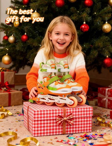 Girl holding adjustable inline skates for kids ages 12 to 16 youth size Y6 to Y8 light up wheels safe semi soft boot orange