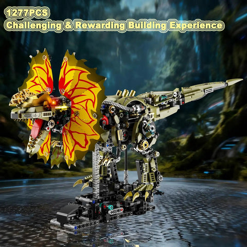 Totally Mechanical Dino Building Kit With LED Light And Movable Gears Display Stand 1277 Pieces For Teens And Adults Cyberpunk Biomechanical Dilophosaurus Model, front view