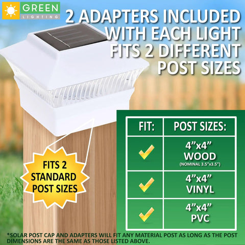 Solar Post Cap Lights For 4x4 Wood And PVC Fence Posts Outdoor Lighting For Yard Deck And Garden Gray 12 Pack With Flush Mount Adapter Energy Efficient LED, showing adaptability for different post sizes.