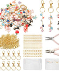 All In One Lip Gloss Keychain Making Kit With 100 Enamel Charms, Clips, Chains, Pliers, Hole Punch And Gift Bags displayed