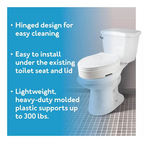 Hinged Elongated Toilet Seat Riser Delivers A Bold Three Point Five Inch Lift For Heavy Duty Three Hundred Pound Support No Sweat Installation And Easy Breezy Cleaning In Clean White