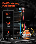 AC Vacuum Pump And Gauge Kit For Auto HVAC Repair 3.5 CFM One Quarter HP Single Stage Rotary Vane With Carry Bag Pro Grade Refrigerant Ready R134a R22 R410A R1234YF R32 Compatible in car engine bay