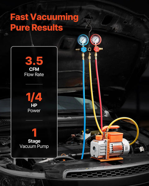 AC Vacuum Pump And Gauge Kit For Auto HVAC Repair 3.5 CFM One Quarter HP Single Stage Rotary Vane With Carry Bag Pro Grade Refrigerant Ready R134a R22 R410A R1234YF R32 Compatible in car engine bay