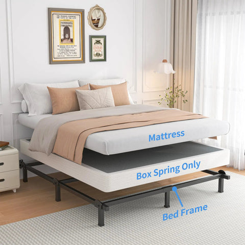 Heavy Duty King Size Box Spring Foundation With 5 Inch Low Profile Design And Beefy Steel Framework Supporting Up To 3500 Pounds For A Rock Solid Sleep Setup in a bedroom setup.