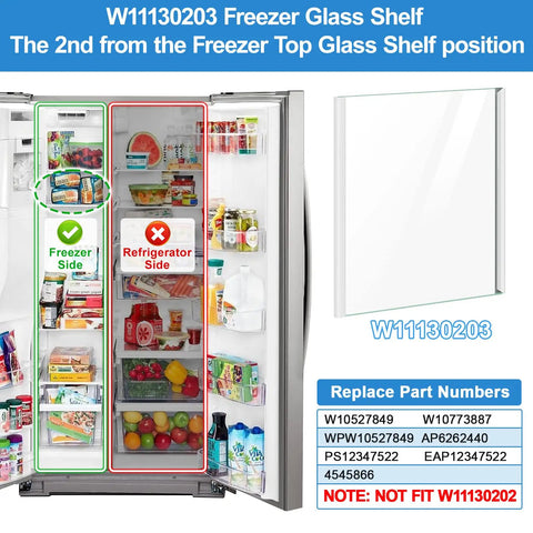 Upgraded W11130203 Freezer Glass Shelf Replacement for Freezer Compartment with open refrigerator view, showing shelf position.