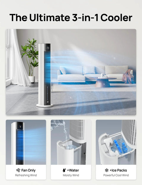 Bedroom Tower Fan With Evaporative Cooling, 43 Inch Upgraded 2025 Model in a modern living room setting