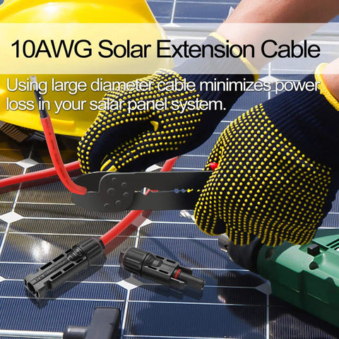 Hands using tool on Solar Extension Cable Set 6 Feet 10AWG With Male And Female Connectors Red And Black Dual Color Solar Panel Wire Adaptor Kit
